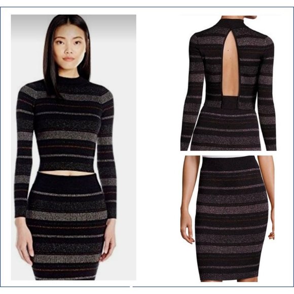 Kendall & Kylie Dresses & Skirts - Kendall + Kylie Rib Knit Set Crop Sweater Skirt S Striped Metallic Black